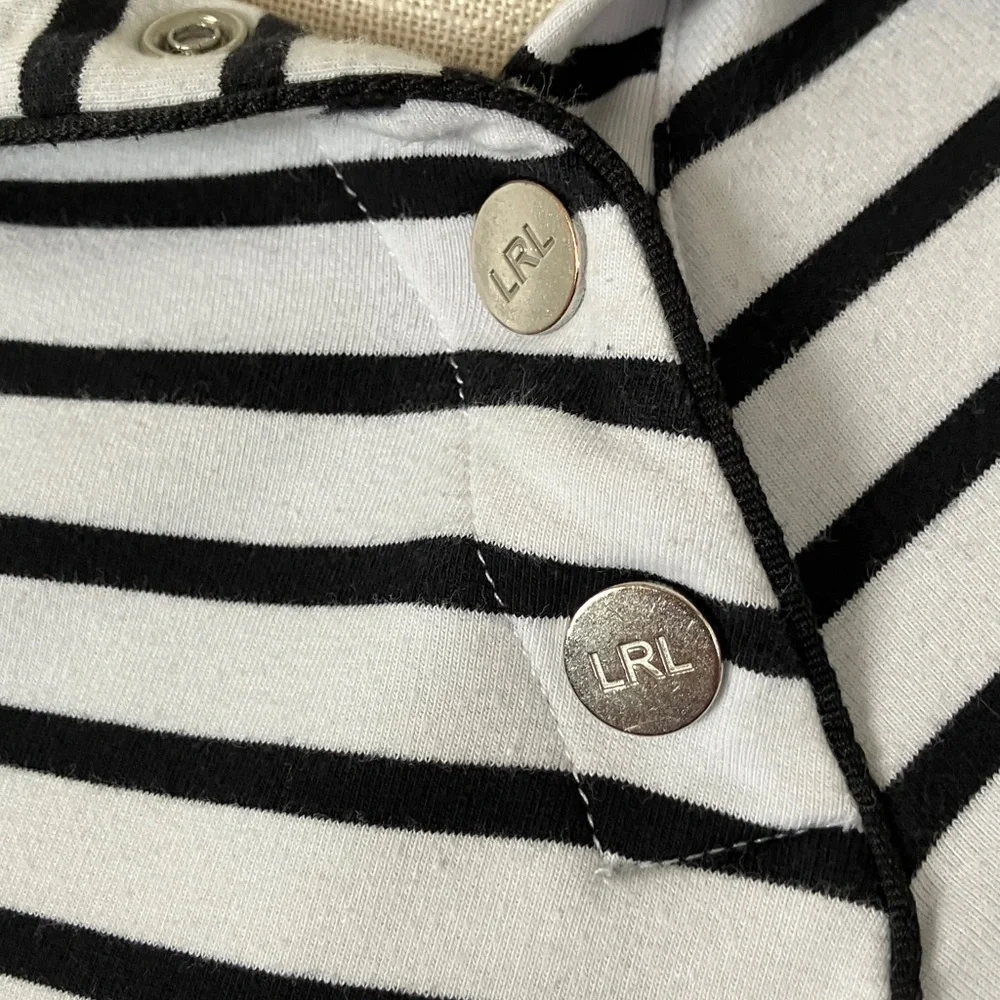 Lauren Ralph Lauren White and Black Striped Snaps-Neck Sweater‎ with Hoodie SP